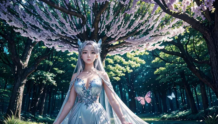 A stunning anime-style woman with a serene expression stands beneath a detailed canopy of glowing, silver-lit trees. The air is filled with butterflies, and the edges of the image are accented by soft magical auras.