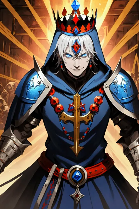 medieval knight,  with blue armor ,  orange and red and on his chest the letters  (believe)  he wears jewels .  Looking 70 years old white hair ,  black eyes,  his smile and eyes are evil ,  he is crowned by millionaire medieval people who are jeweled and ...