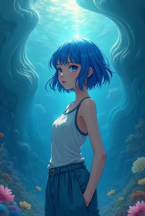 8K, 1girl, high color, gorgeous, (fractal art 1.8), pout, youth, blue hair, deep under the sea, gorgeous, dynamic, visual impact, hands in pockets, (waves on the lens 1.5)