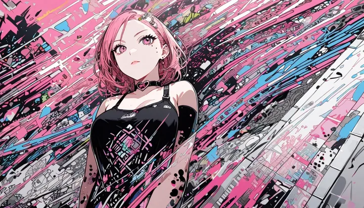 Graffiti Art、Positive Space、Silk Screen、Asymmetric、One Girl、Black tank top、pink pattern mini skirt、Heart-shaped choker、Cute mole under eye、Super detailed、Super detailed background、16K、diverse pose, di spalle ragazza che non guarda