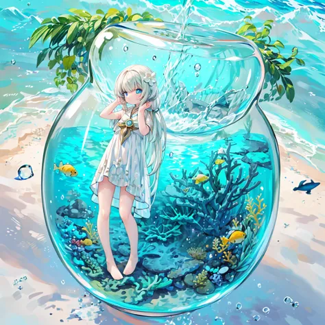 Score 9, Score 8 up, Score 7 up, Very beautiful, (Must-have items), (Best Quality),  very detailed,  1 girl,  perfect face, (  solo full body shot:1.3),  very detailed顔，( White Long Hair :1.5)，( blue eyes:1.4)，(In the water:1.4)，( white dress :1.5)， ocean，...