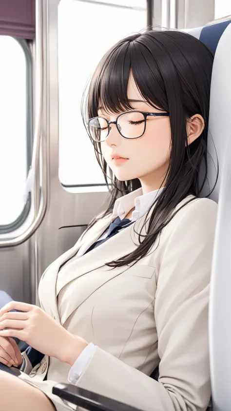 Black hair, glasses, Japanese blazer, high school girl, on train, girl sleeping on train chair