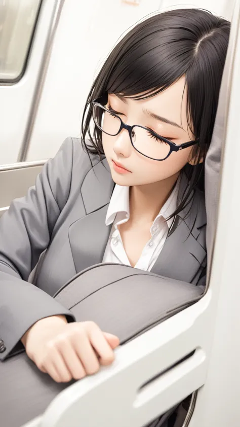 Black hair, glasses, Japanese blazer, high school girl, on train, girl sleeping on train chair