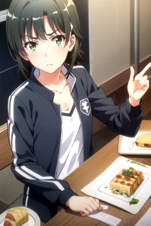 EFT_Sao_Sis, 1girl, kirigaya suguha, black hair, solo, short hair, track jacket, hairclip, hair ornament, jacket, green eyes, food, looking at viewer, black eyes, frown, breasts, sitting, collarbone, upper body, indoors