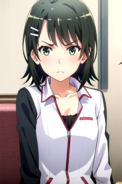 EFT_Sao_Sis, 1girl, kirigaya suguha, black hair, solo, short hair, track jacket, hairclip, hair ornament, jacket, green eyes, food, looking at viewer, black eyes, frown, breasts, sitting, collarbone, upper body, indoors