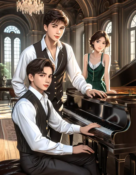 sketch (a man is sitting at a piano and playing it for a girl having composed a melody for her. A man he is 22 years old ((with brown eyes)), Beautiful, brown short hair in a white shirt,  dark gray classic vest , black trousers:1.3) , ((( and next to a ma...