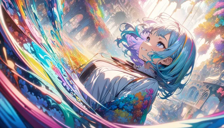 1 person(masterpiece,  best quality,  Official Art:1.2), ( colorful ), perfect anatomy,  watching the audience, one girl , Alone, White background, floating  colorful  water, Ultra-fine illustration,  Highly Detailed ,  Dynamic Angle ,  beautiful details, ...