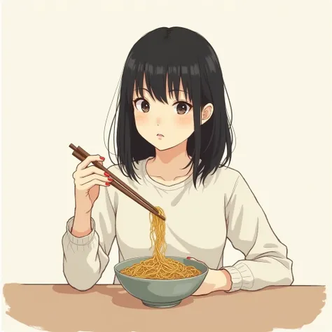  minimalism portrait from life .  natural proportions are not an anime .  sketch of a dark-haired girl with a black brush. nice light background . eats noodles with chopsticks 