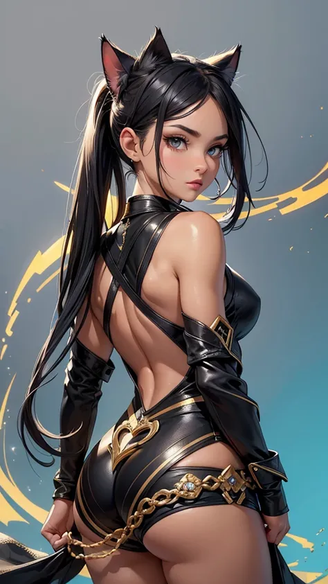 (high resolution, upper body, soft skin:1.2),(best illustration,masterpiece:1.2),ultra-detailed,[(cat ears , black inside:1.2, black ponytail hair, gold cat eyes, dark skin),vivid colors,sharp focus,studio lighting,full body portrait, бикини, blue booty sh...