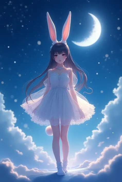 bunny girl, pretty, cute, loli, thin, tall, moon, night sky, stars