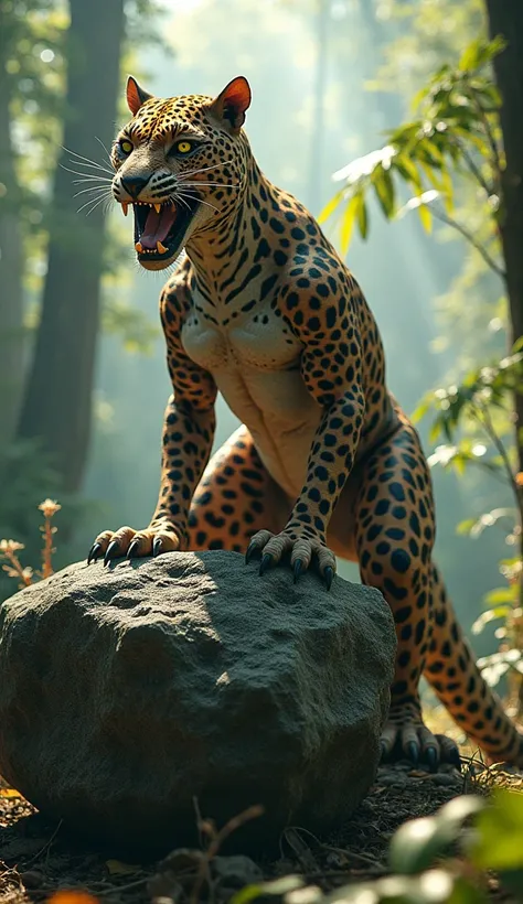 "An imposing hybrid creature that blends the fierce traits of a dinosaur and a leopard, standing proudly on a large stone in the middle of a vibrant forest. The creature features the muscular, scaled body of a dinosaur, accented with the sleek, spotted fur...