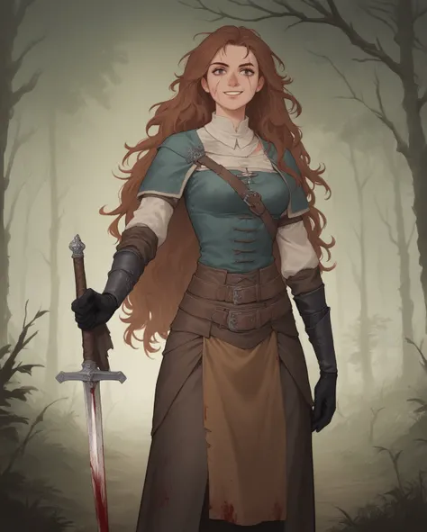 1woman, wearing medieval clothes, smile, short sword, thin sword, long red brown hair, dirty clothing, background is inside a dark forest, dark night, mist, black gloves, medieval cloth, smile, long hair, leggings, scars, teen, young, scar on breast, brown...