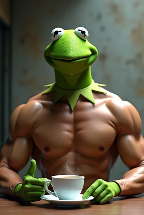 hot shirtless guy with abs wearing a mask of Kermit the frog while hes drinking tea 