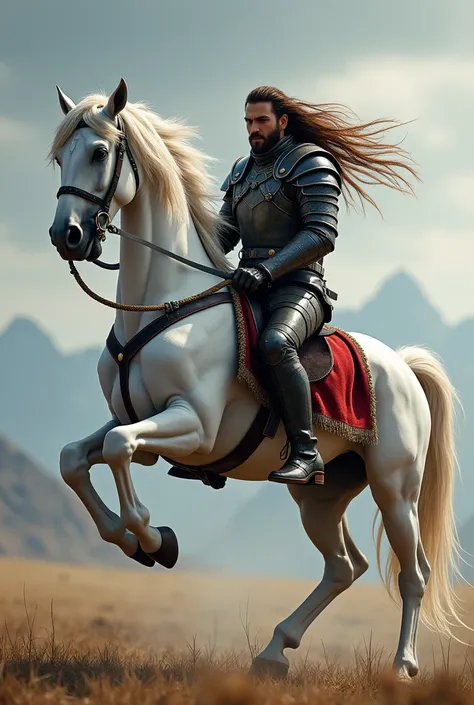 Ertugrul A man with brown hair pulled back, wearing black leather armor, riding a white horse on its hind legs. 