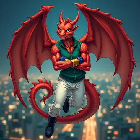 A red muscular winged dragon jock in gold bracelets , wearing black boots , in white pants,  in a green sleeveless zipped sweater , wearing blue gloves with arms crossed over his chest, he flies over the city at night