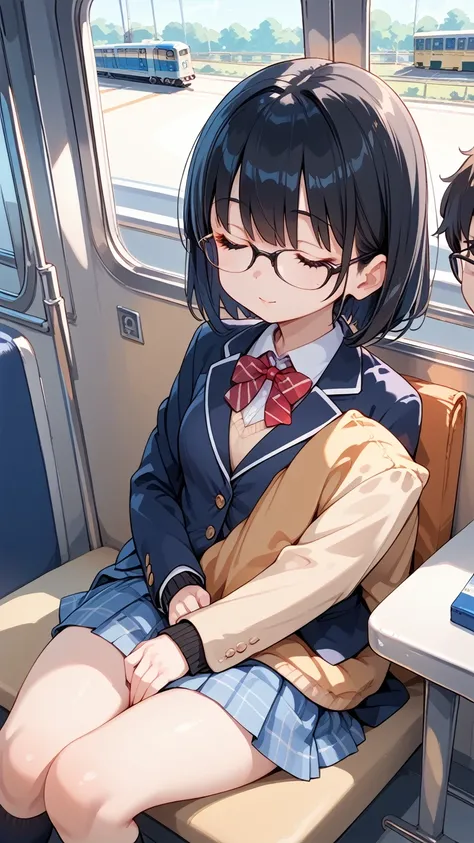 Black hair, glasses, Japanese blazer, high school girl, on train, girl sleeping on train chair