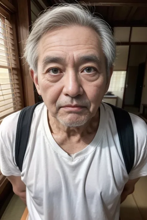 High resolution、High level image quality、high detail、masterpiece、realistic skin,、rough skitomically correct)、(two men and women standing together)、((27 year old Japanese cute big breasted 、75 year old Japanese male grandfather)）、((whole body_from head to f...