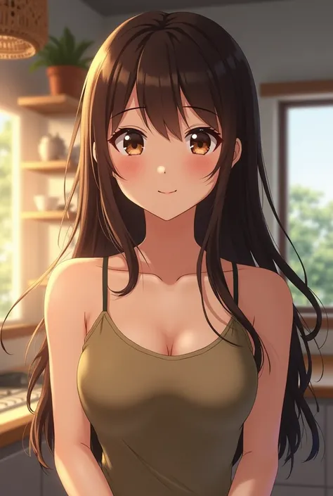  A close view of young anime woman standing on a kitchen, with long brunette hair and brown eyes, wearing khaki tank top with thin straps, looking with smile