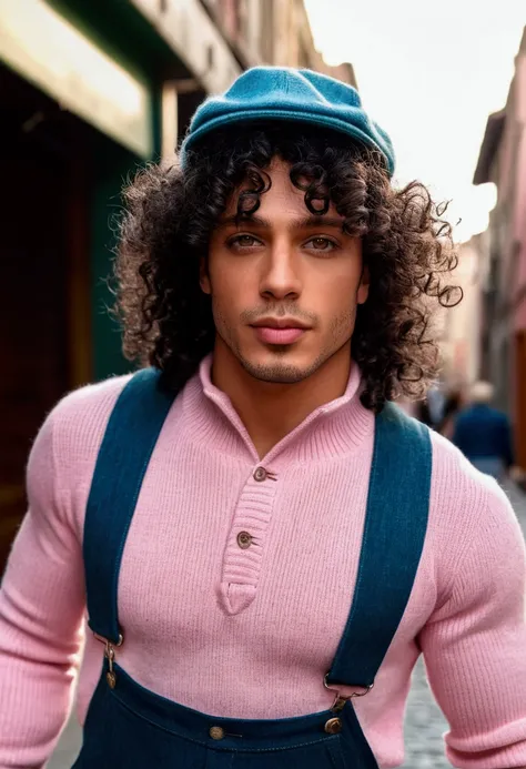  influencer Latin woman with curly dark hair , deep dark green eyes he wears a tight blue denim jumpsuit and a pastel pink sweater and he also wears a wool hat, Hes walking
