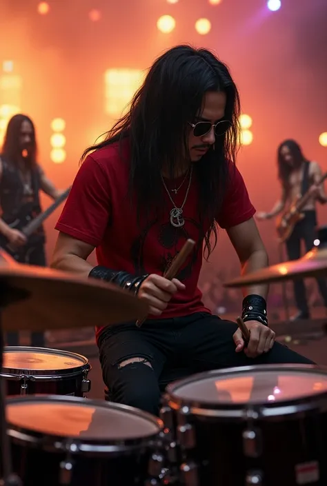 Photorealism:1:3), Indonesian youngman metal long hair, ducking while playing a drum full set in a concert looking to the drum set, wearing thight t-shirt(red color and korn band printing), skinny scars black cargo pants, leather wraistband, neckles, sungl...