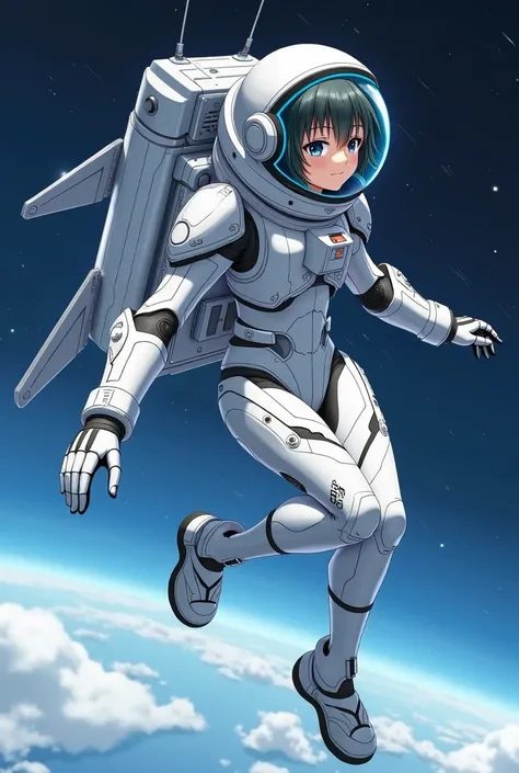 Anime girl wearing a white Robotic spacesuit and tubes with blue liquid are connected to her body and to her mask connected to her mouth and rocket and metal jet wings attached on her back and shes flying in the space