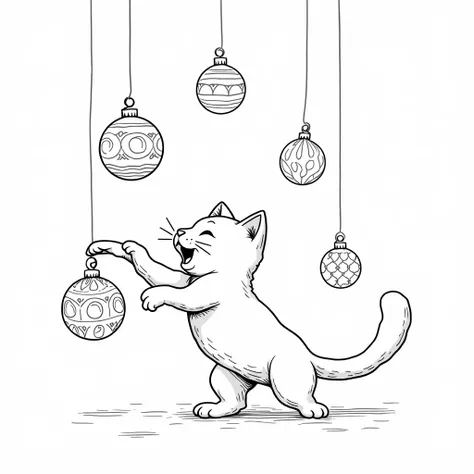 Line art of a cat playing with Christmas ornaments, no background,Coloring page