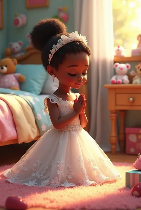 A realistic cute little black girl wearing a wedding dress , kneeling praying. She is near the bed .  The environment is a bedroom, a very colorful decoration with teddy bears and toys 