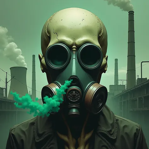 make an illustration of a skull wearing a poison gas mask ,  and in the filter the mask emits green smoke against the background of a nuclear plant