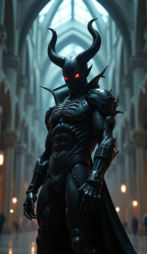 grim portrait of devilman and Venom, with intricately angled cybernetic implants inside a brutalist building, gothic brutalist cathedral, cyberpunk, award-winning photo, bokeh, neon lights, cybernetic limbs, full body