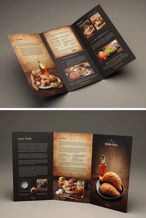  create a brochure design with gate fold , its theme umkm cafe ,  create its front back design ,  tone darker colors and there is a food illustration