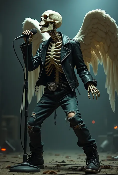 A winged skeleton with angel wings singing violently with a microphone a nu metal song, Hes dressed in Rapcore punk clothes 