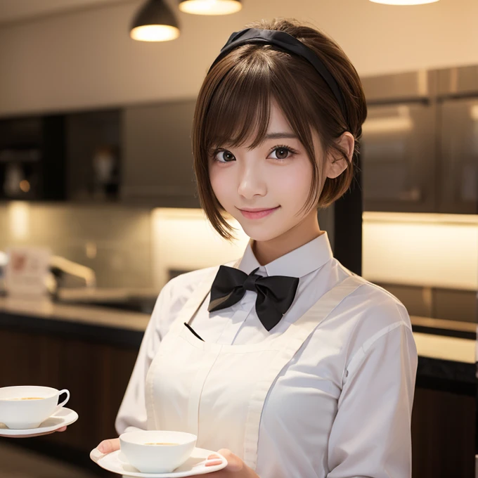  look at the cute 21 year old Japanese 、apron、 black bow tie 、 waiter、Cafe、 Super Detailed Face 、 Attention to Details 、 double eyelids、Beautiful thin nose、 sharp concentration:1.2、Beauty:1.4、( light brown hair 、 shorthair 、)、Pure white skin、 best quality、...