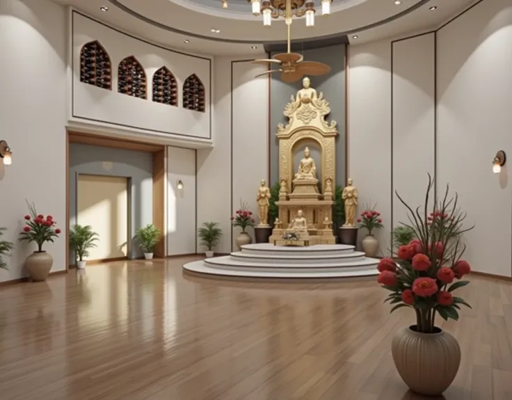 (masterpiece:1.2), (best quality,:1.2), 8k, HDR, ultra detailed, ((photorealistic)), professional light, cinematic lighting, fashion photography, ambient lighting, atmospheric effects, a round altar in the middle of a small temple with CHINESE BUDDHIST on ...