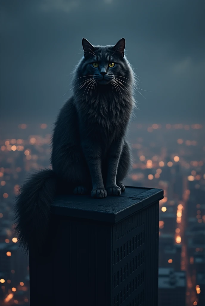 The formidable dark Maincoon hero cat sits on the roof of a tall building at night and looks down