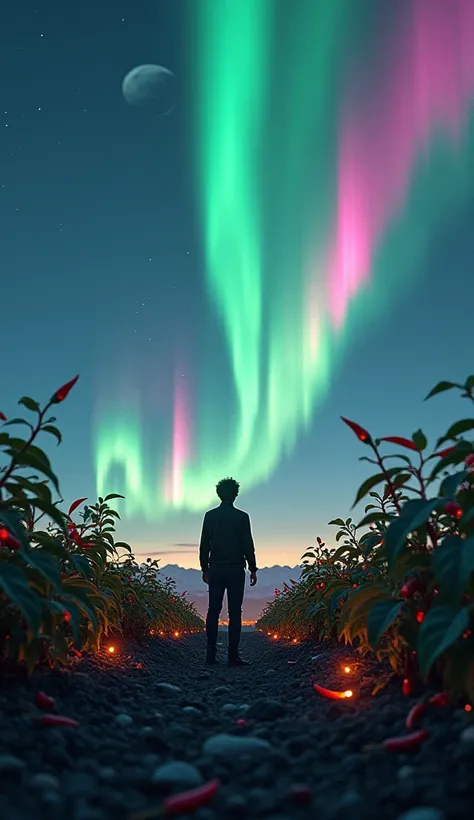 Gentle Light、night、colorful aurora、Chili Pepper Field