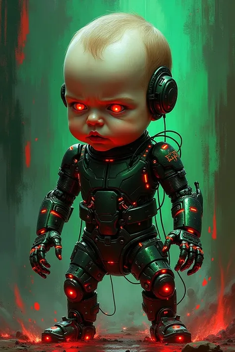 Create a nude metal album cover featuring a baby cyborg in green and red with a brushstroke style