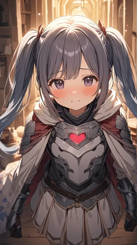 1 girl, ( cute face),  twin tails, to many hairstyle, (blush:1.3),  small breasts, Shy Eyes , Warrior Armor,  Floral Cloak ,  Pottery skin ,  cowboy shots, break,  soft light , (Atmosphere of Love :1.3),  Romantic Hues , break, Behind the Battlefield ,  Ne...