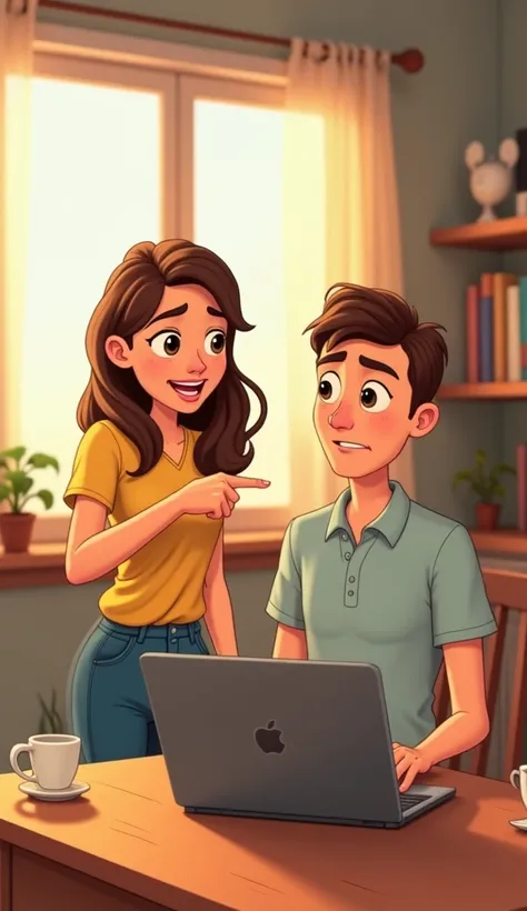 A very clear ultra HD image of "The wife has moved closer, now standing beside her husband, pointing directly at the laptop screen with a sarcastic and knowing smile. The husband looks flustered, caught off guard, trying to think of an excuse. His body lan...