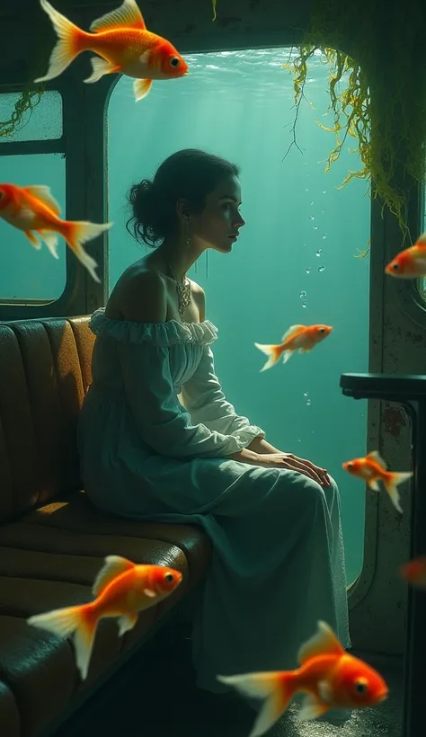 A woman sits in an abandoned trollybus underwater, surrounded by goldfish