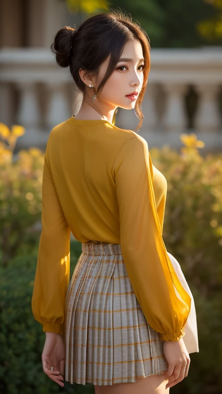 A stunning 3D model of a 28-year-old woman with an elegant high bun hairstyle, wearing a traditional Thai outfit. Her attire includes a bright yellow blouse paired with a handwoven cotton skirt featuring brown and gold striped patterns. She is facing direc...