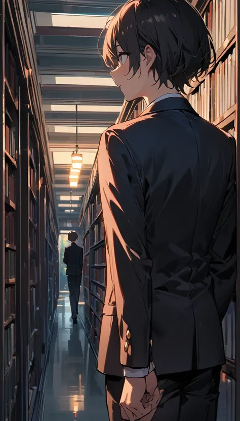 （masterpiece,  best quality:1.2)、male、student、 shorthair 、Calm Eyes、Black school uniform, black blazer、 red tie、School、corridor、walk、From the back、evening、Library、 side view