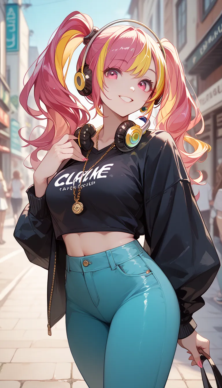 masterpiece、 best quality、8k、depicted in detail、 cool women、colorful hair、 headphones around the neck、fashionable casual、 tight ...