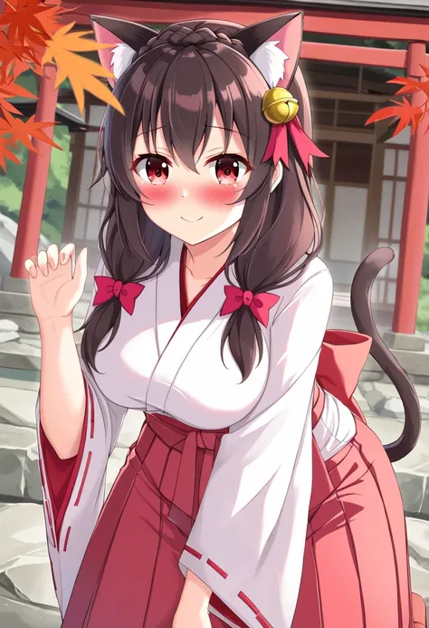 yunyun、masterpiece, best quality,  high definition ,One person, Yunyun、名前はYunyun,  crown braid in the same color as hair,  black hair、Red eyes、 hair accessory with a bell ,  hair bow, ( white and pink shrine maiden costume 、Hakama is a red )、She has big br...