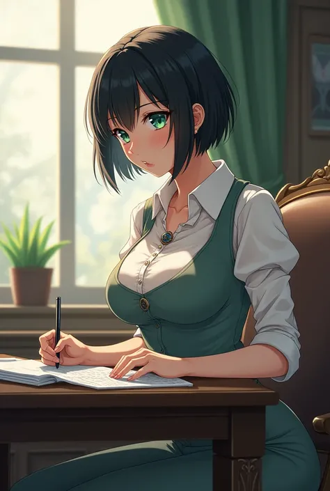 (anime, fanart)  Girl with short black hair, Green eyes about 24 years old , slender,  with big breasts. Dressed as if she were an inhabitant of the Kingdom of the Seas, Sitting behind a desk looking at some documents
