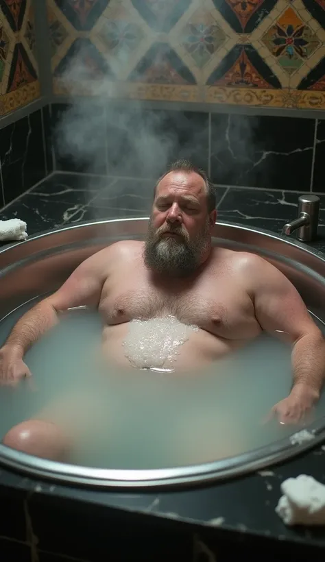  Photo of a middle-aged man ,  of muscular and slightly chubby stocky stature ,  is taking a bath soaking in a bathtub. naked,  His genitals were covered in cloth soap so thick that it doesnt look handsome and masculine .  Photo taken from the top ,  showe...