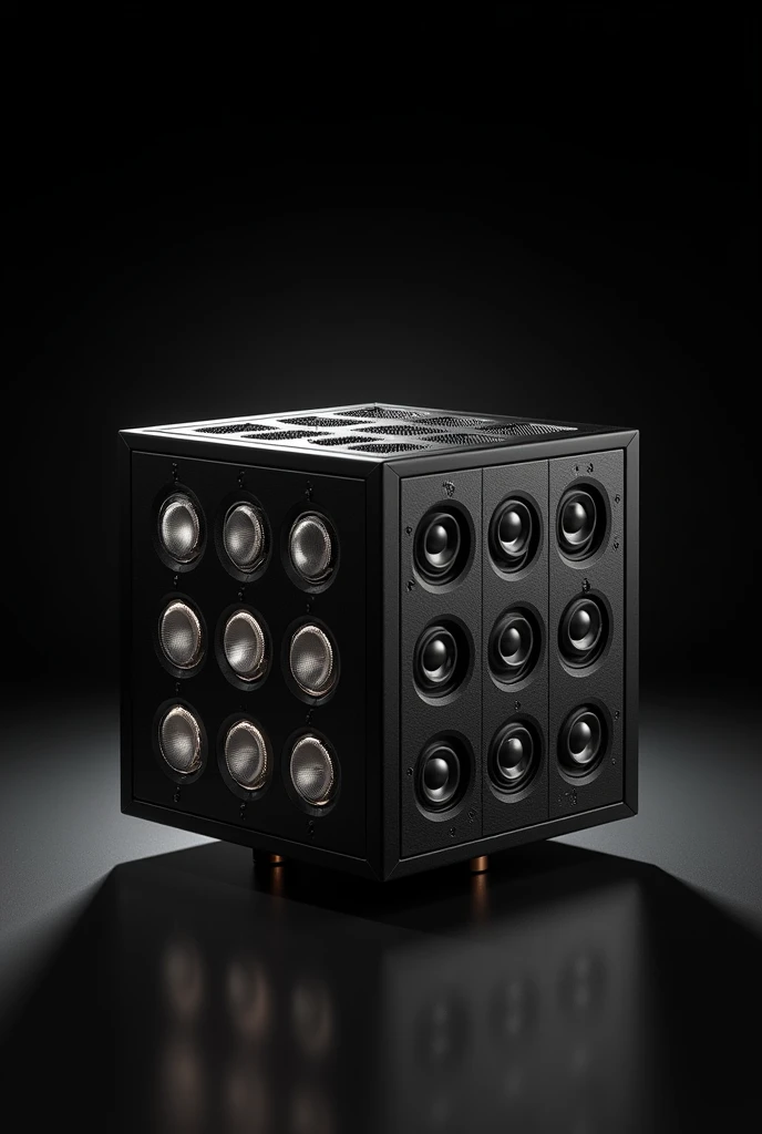 Hyper-realistic product photography of a Rubiks cube-sized speaker system, floating on black background, studio lighting. Each face divided into 3x3 grid of mini speakers. Tempered glass overlay floating 2mm above each face. Premium aluminum frame, profess...