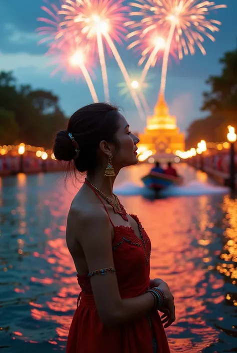 A Cambodian woman stands watching Cambodias water festival in a picture with fireworks. There is a racing boat in nature