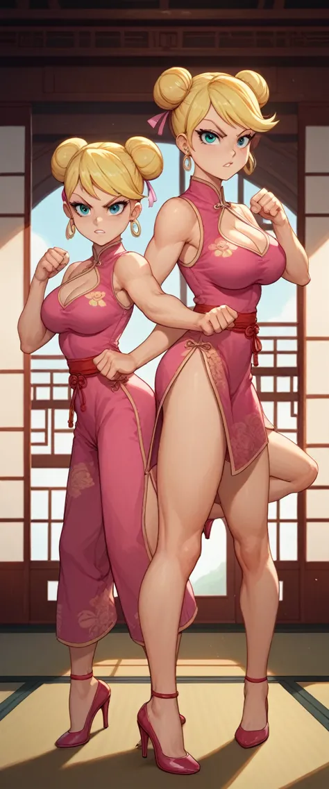 lola loud, 2girl, duo, 24yo girl, large breasts, pink cheongsam,  inside of a chinese temple, looking at viewer, blonde hair, two hair buns , hands  score_9, score_8_up, score_7_up, high heels, teep fighting stance,martial arts, chest window, twins