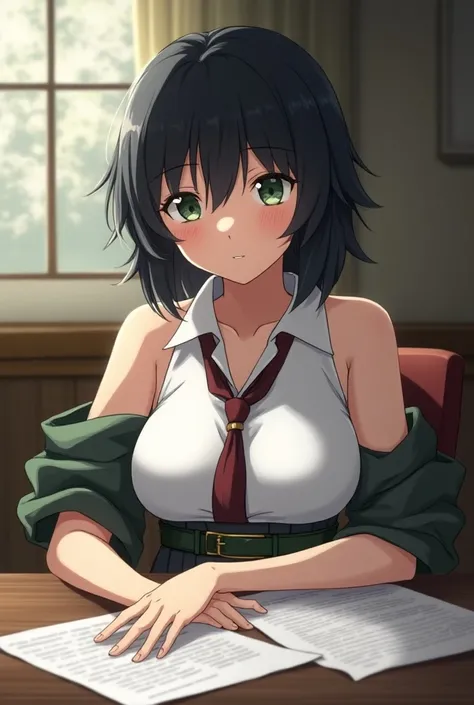 (anime, fanart)  Girl with short black hair, Green eyes about 24 years old , slender,  with big breasts. Dressed as if she were an inhabitant of the Kingdom of the Seas, Sitting behind a desk looking at some documents
