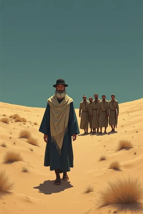 Photos of a Jewish character walking in the desert with 5 people behind his back talking badly about himself 